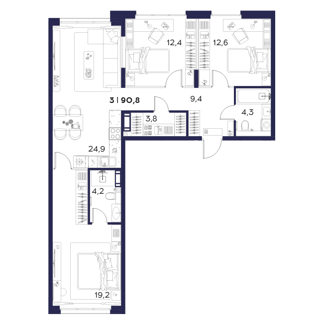 Планировка 3-комнатной квартиры евро-формата 90,8 м²